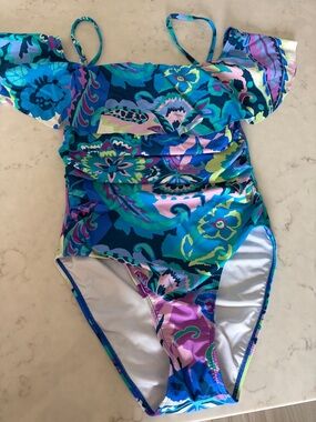 Tahari Blue Multi Floral Off-Shoulder One-Piece Swimsuit